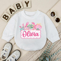 Personalized Baby Girl Romper with Preppy Crab and Seashell Artwork, Custom Name Beach Outfit, Soft Cotton Matching Family Vacation Clothes