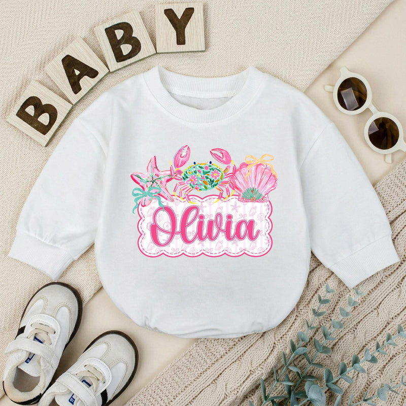 Personalized Baby Girl Romper with Preppy Crab and Seashell Artwork, Custom Name Beach Outfit, Soft Cotton Matching Family Vacation Clothes