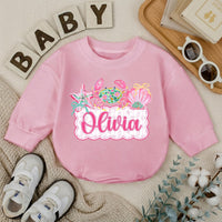 Personalized Baby Girl Romper with Preppy Crab and Seashell Artwork, Custom Name Beach Outfit, Soft Cotton Matching Family Vacation Clothes