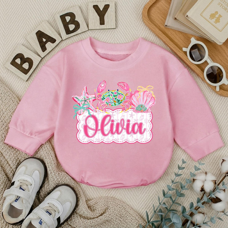 Personalized Baby Girl Romper with Preppy Crab and Seashell Artwork, Custom Name Beach Outfit, Soft Cotton Matching Family Vacation Clothes