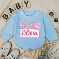 Personalized Baby Girl Romper with Preppy Crab and Seashell Artwork, Custom Name Beach Outfit, Soft Cotton Matching Family Vacation Clothes