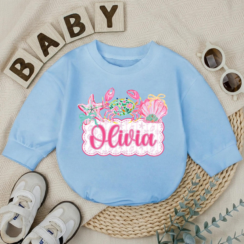 Personalized Baby Girl Romper with Preppy Crab and Seashell Artwork, Custom Name Beach Outfit, Soft Cotton Matching Family Vacation Clothes