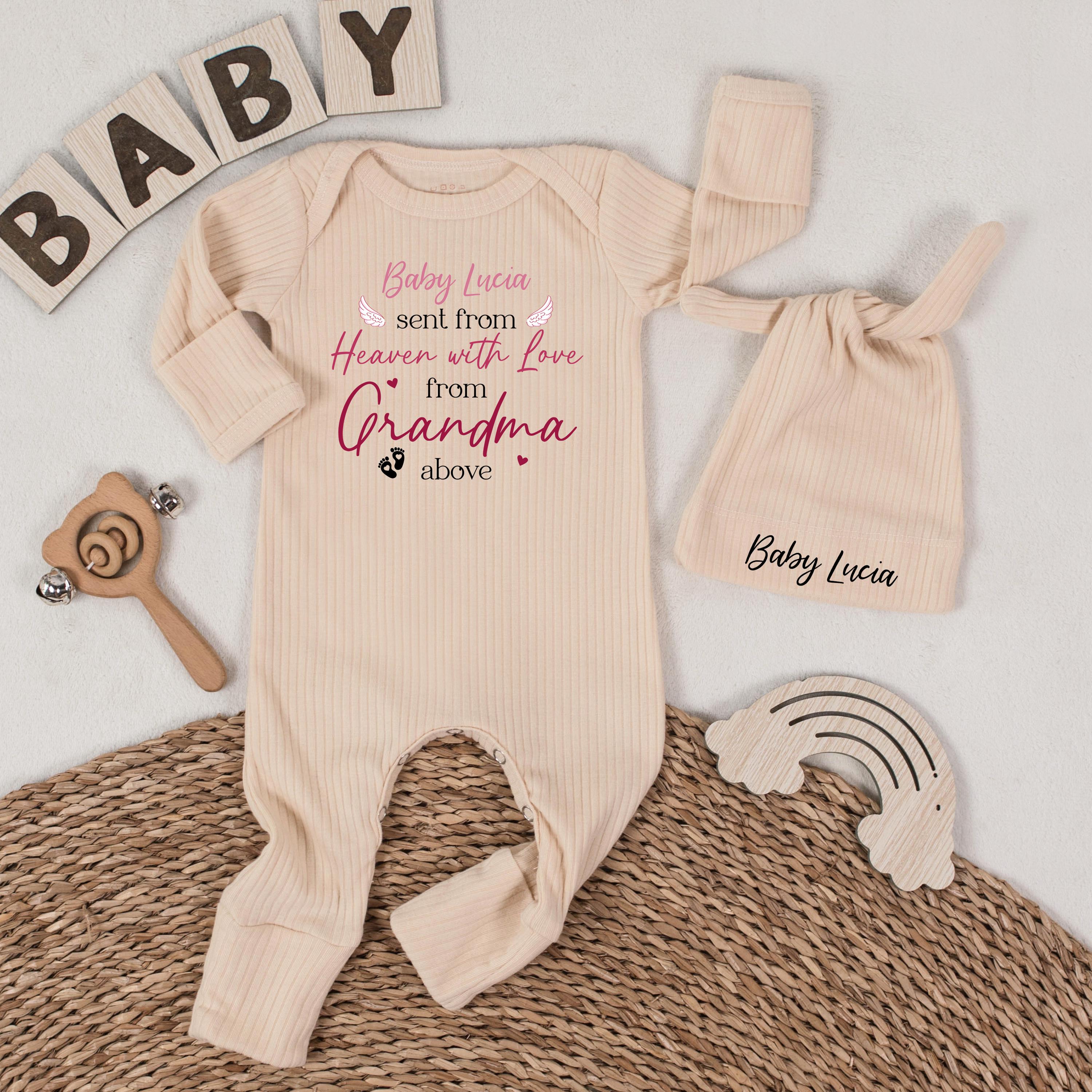 Personalized Baby Girl Bodysuit with Hat with 'Sent from Heaven with Love from Grandma' Design, Soft Cotton Long Sleeve Newborn Outfit, Baby Gift