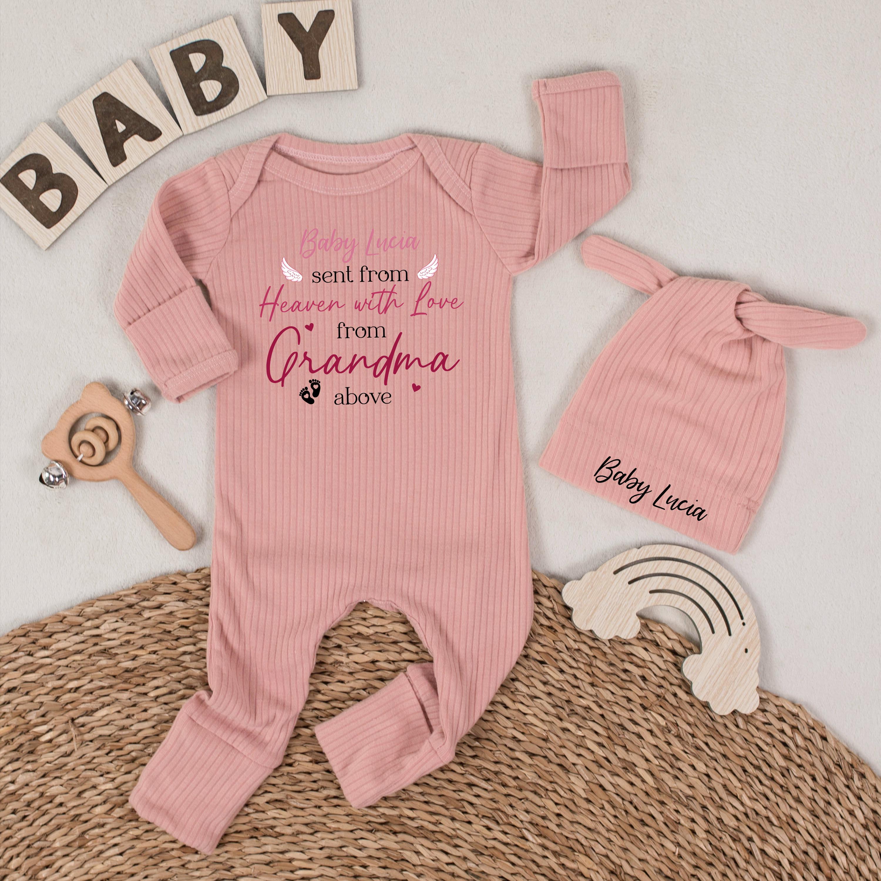 Personalized Baby Girl Bodysuit with Hat with 'Sent from Heaven with Love from Grandma' Design, Soft Cotton Long Sleeve Newborn Outfit, Baby Gift