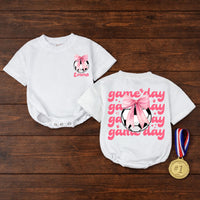 Personalized Baby Girl Soccer Romper with Pink Bow and Name Game Day Outfit Infant Birthday or Casual Cotton Clothes Soft Comfortable