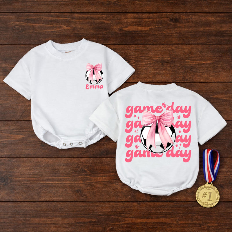 Personalized Baby Girl Soccer Romper with Pink Bow and Name Game Day Outfit Infant Birthday or Casual Cotton Clothes Soft Comfortable