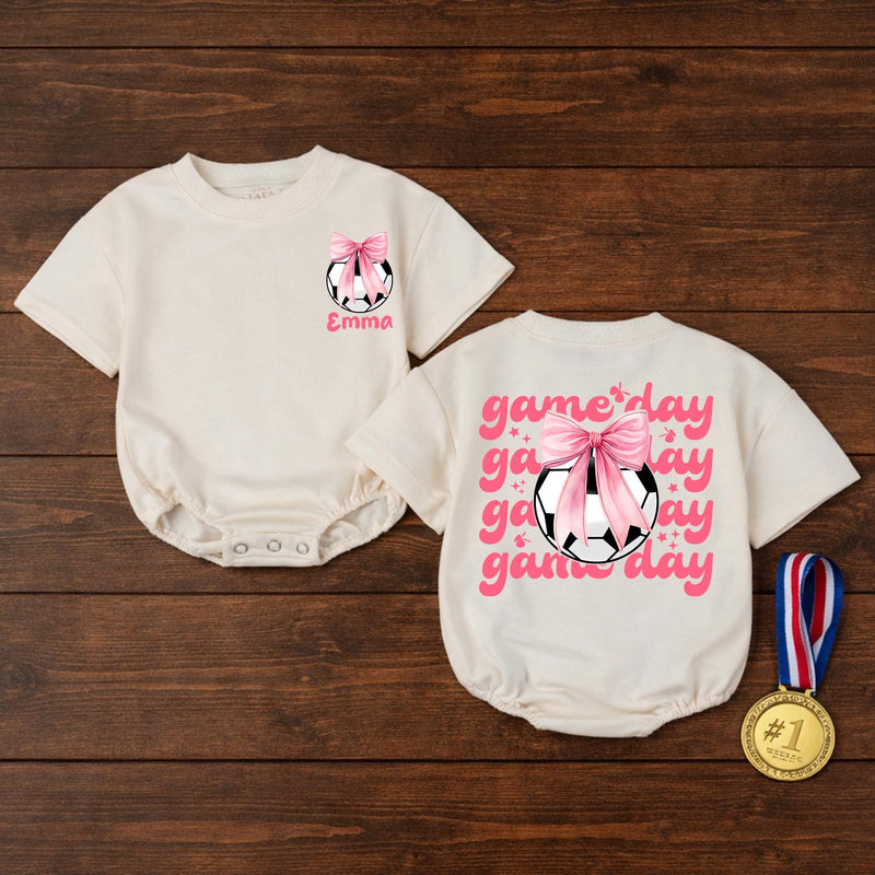 Personalized Baby Girl Soccer Romper with Pink Bow and Name Game Day Outfit Infant Birthday or Casual Cotton Clothes Soft Comfortable
