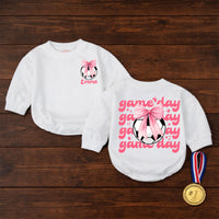 Personalized Baby Girl Soccer Romper with Pink Bow and Name Game Day Outfit Infant Birthday or Casual Cotton Clothes Soft Comfortable