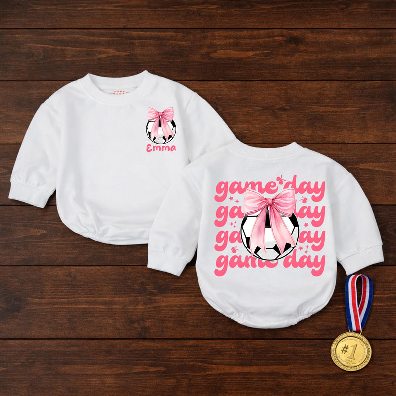 Personalized Baby Girl Soccer Romper with Pink Bow and Name Game Day Outfit Infant Birthday or Casual Cotton Clothes Soft Comfortable