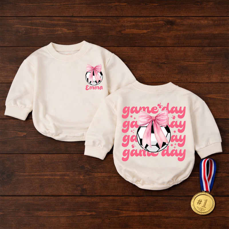 Personalized Baby Girl Soccer Romper with Pink Bow and Name Game Day Outfit Infant Birthday or Casual Cotton Clothes Soft Comfortable