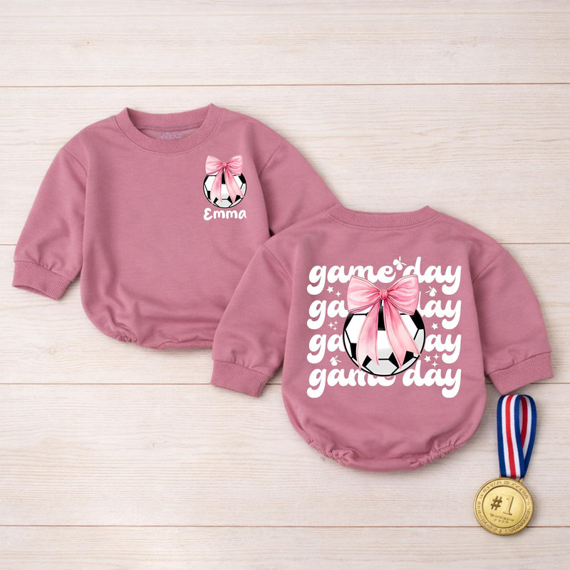 Personalized Baby Girl Soccer Romper with Pink Bow and Name Game Day Outfit Infant Birthday or Casual Cotton Clothes Soft Comfortable