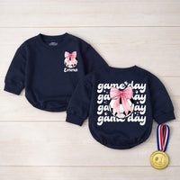 Personalized Baby Girl Soccer Romper with Pink Bow and Name Game Day Outfit Infant Birthday or Casual Cotton Clothes Soft Comfortable