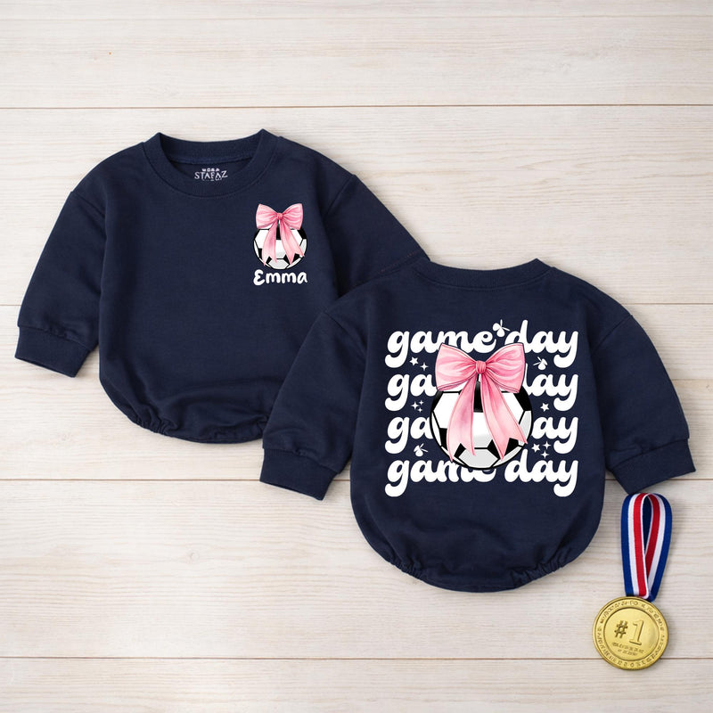 Personalized Baby Girl Soccer Romper with Pink Bow and Name Game Day Outfit Infant Birthday or Casual Cotton Clothes Soft Comfortable