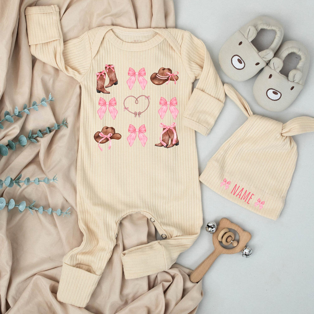 Personalized Baby Girl Western Bodysuit with Pink Bow and Cowboy Boots Design Custom Name Soft Cotton Newborn Outfit Baby Shower Gift