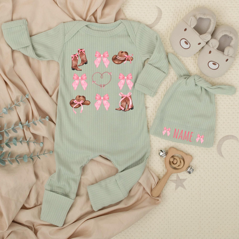 Personalized Baby Girl Western Bodysuit with Pink Bow and Cowboy Boots Design Custom Name Soft Cotton Newborn Outfit Baby Shower Gift
