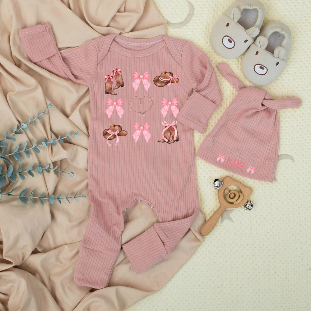 Personalized Baby Girl Western Bodysuit with Pink Bow and Cowboy Boots Design Custom Name Soft Cotton Newborn Outfit Baby Shower Gift