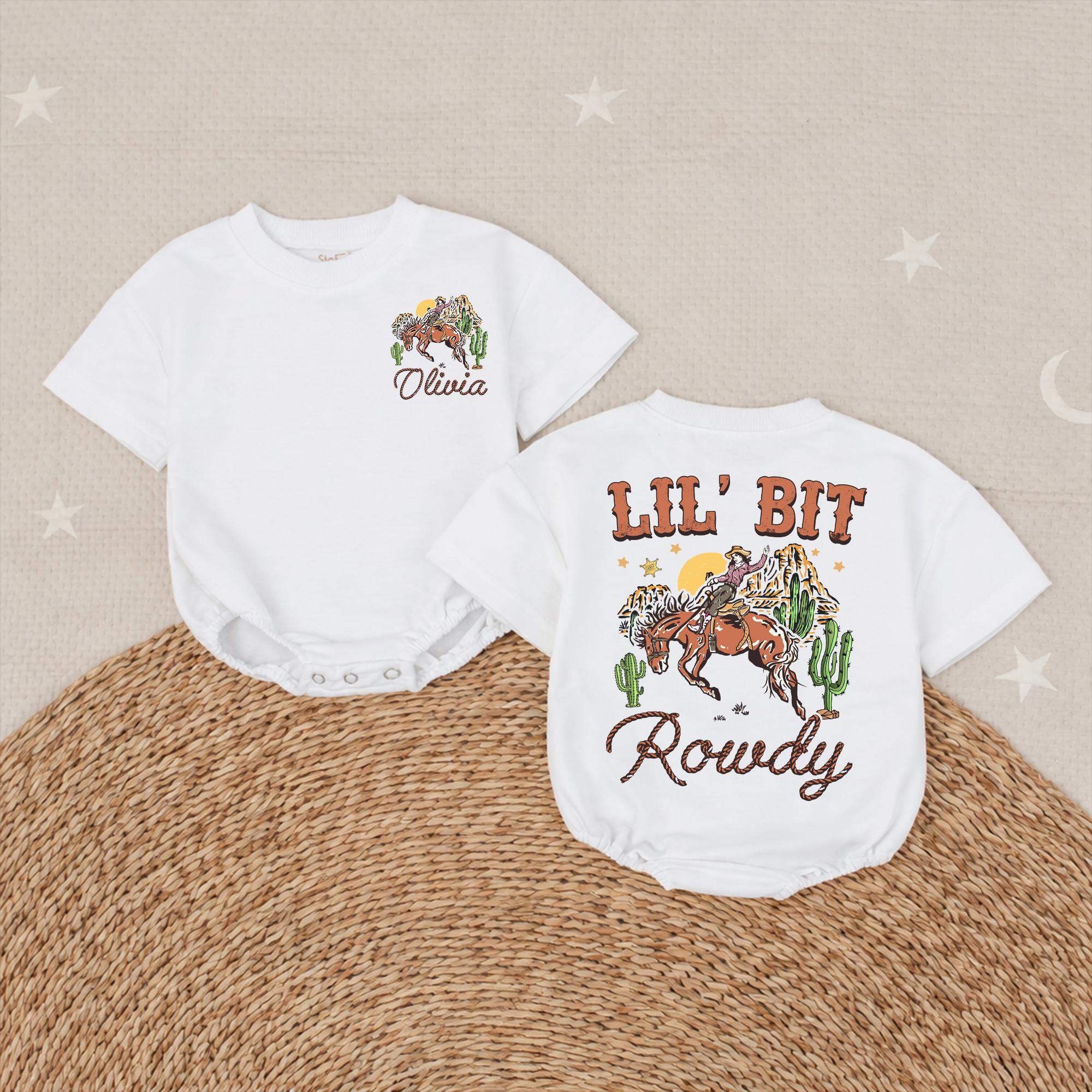 Personalized Baby Girl Western Outfit Lil Bit Rowdy Romper with Cowgirl and Horse Graphic Custom Name Desert Theme Birthday Gift