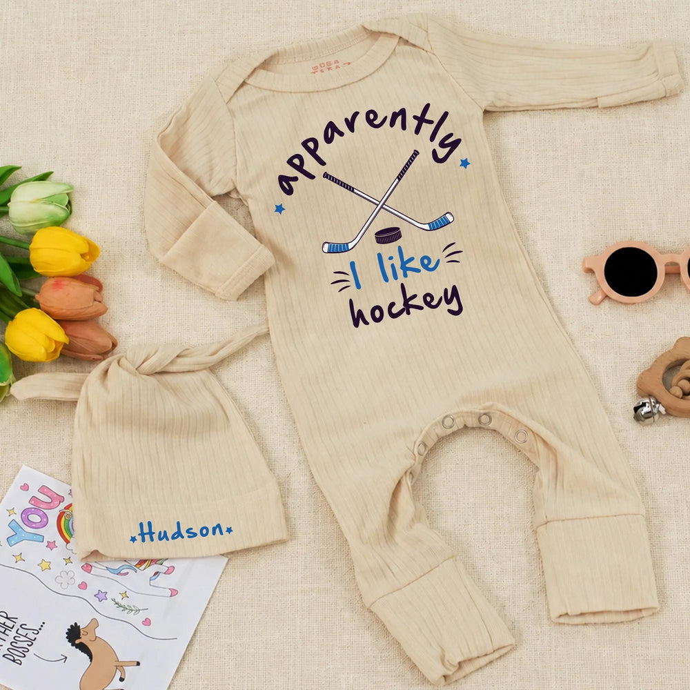 Personalized Baby Hockey Outfit with Name Hudson Hat and Apparently I Like Hockey Bodysuit Newborn Coming Home Gift Set