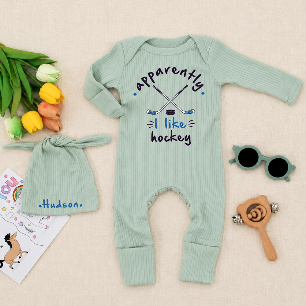 Personalized Baby Hockey Outfit with Name Hudson Hat and Apparently I Like Hockey Bodysuit Newborn Coming Home Gift Set