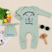 Personalized Baby Hockey Outfit with Name Hudson Hat and Apparently I Like Hockey Bodysuit Newborn Coming Home Gift Set