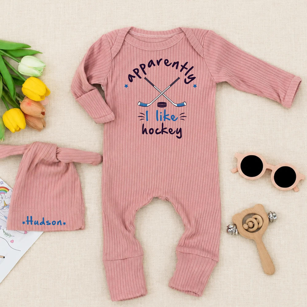 Personalized Baby Hockey Outfit with Name Hudson Hat and Apparently I Like Hockey Bodysuit Newborn Coming Home Gift Set