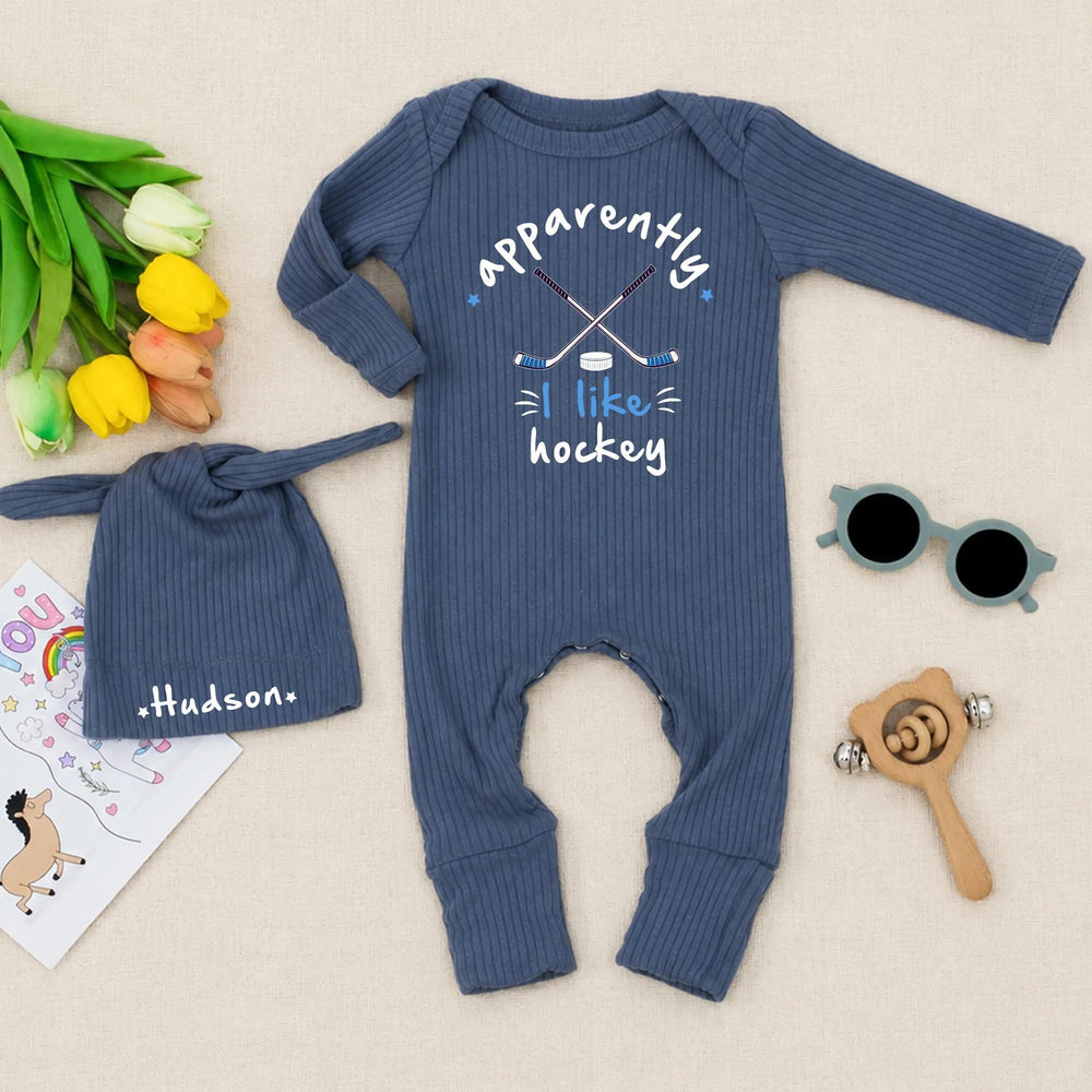 Personalized Baby Hockey Outfit with Name Hudson Hat and Apparently I Like Hockey Bodysuit Newborn Coming Home Gift Set