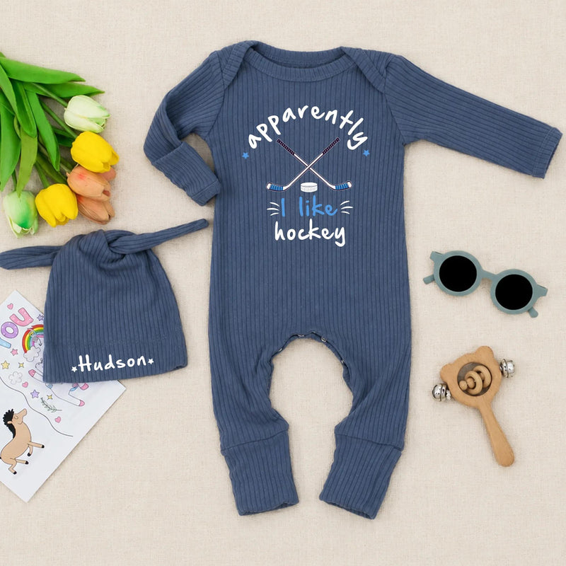 Personalized Baby Hockey Outfit with Name Hudson Hat and Apparently I Like Hockey Bodysuit Newborn Coming Home Gift Set