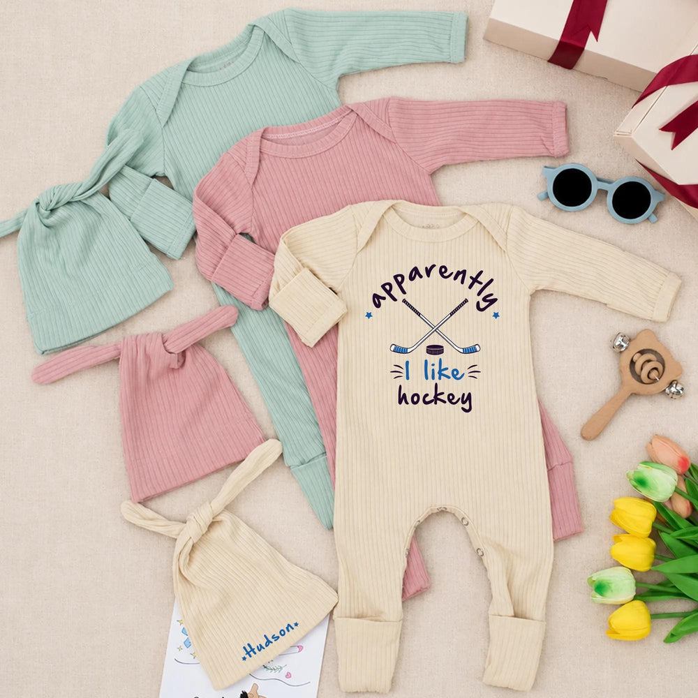 Personalized Baby Hockey Outfit with Name Hudson Hat and Apparently I Like Hockey Bodysuit Newborn Coming Home Gift Set
