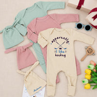 Personalized Baby Hockey Outfit with Name Hudson Hat and Apparently I Like Hockey Bodysuit Newborn Coming Home Gift Set