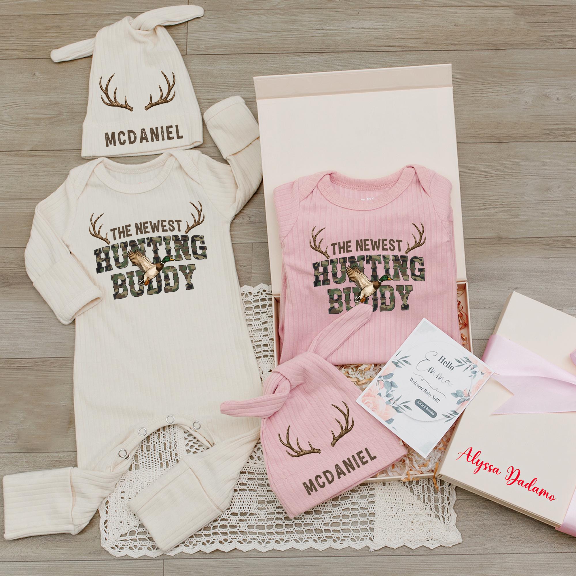 Personalized Baby Hunting Buddy Outfit Set with Antler Design, Cotton Gown Bodysuit Hat, Newborn Coming Home Gift for Baby Boy or Girl
