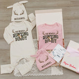 Personalized Baby Hunting Buddy Outfit Set with Antler Design, Cotton Gown Bodysuit Hat, Newborn Coming Home Gift for Baby Boy or Girl