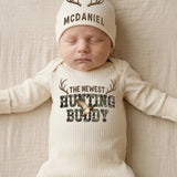 Personalized Baby Hunting Buddy Outfit Set with Antler Design, Cotton Gown Bodysuit Hat, Newborn Coming Home Gift for Baby Boy or Girl