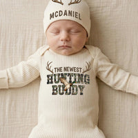 Personalized Baby Hunting Buddy Outfit Set with Antler Design, Cotton Gown Bodysuit Hat, Newborn Coming Home Gift for Baby Boy or Girl