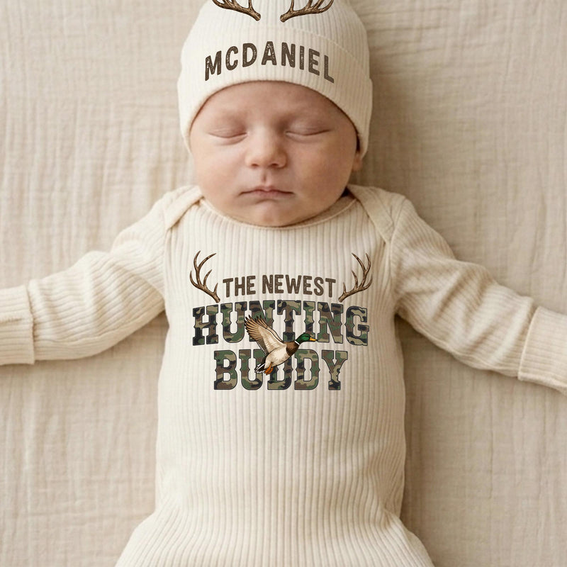 Personalized Baby Hunting Buddy Outfit Set with Antler Design, Cotton Gown Bodysuit Hat, Newborn Coming Home Gift for Baby Boy or Girl