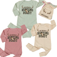 Personalized Baby Hunting Buddy Outfit Set with Antler Design, Cotton Gown Bodysuit Hat, Newborn Coming Home Gift for Baby Boy or Girl