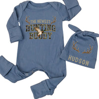 Personalized Baby Hunting Buddy Outfit Set with Antler Design, Cotton Gown Bodysuit Hat, Newborn Coming Home Gift for Baby Boy or Girl