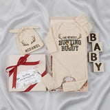 Personalized Baby Hunting Buddy Outfit Set with Antler Design, Cotton Gown Bodysuit Hat, Newborn Coming Home Gift for Baby Boy or Girl
