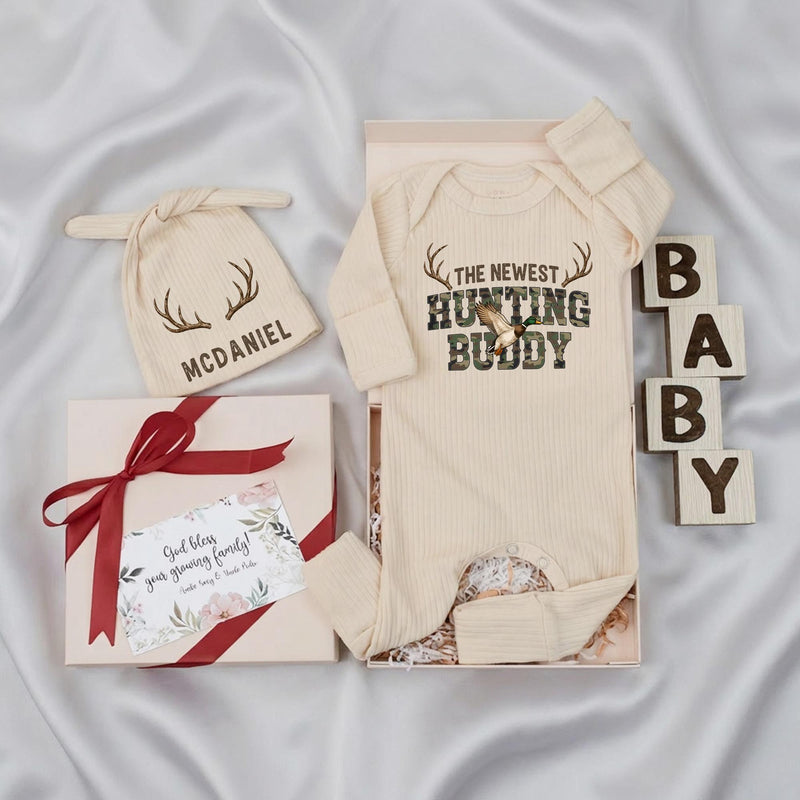 Personalized Baby Hunting Buddy Outfit Set with Antler Design, Cotton Gown Bodysuit Hat, Newborn Coming Home Gift for Baby Boy or Girl
