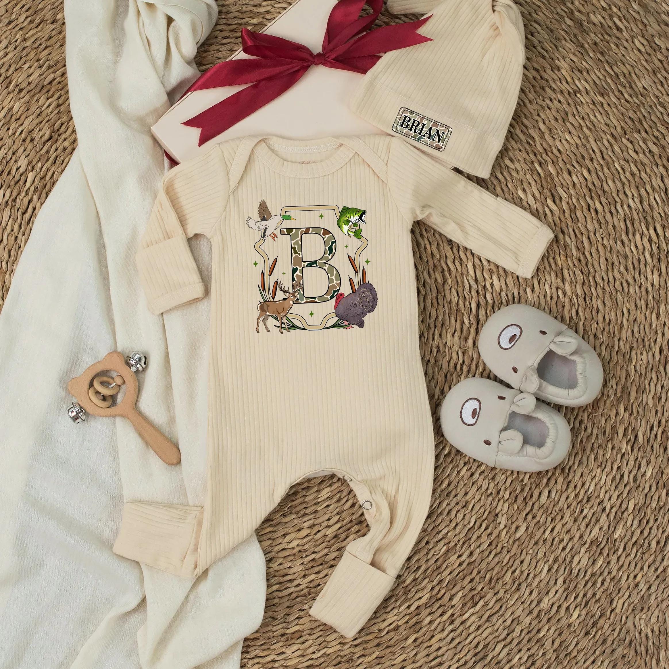 Personalized Baby Hunting Outfit with Camouflage Monogram Deer Duck Fish Turkey Design, Custom Name Woodland Animal Newborn Gift