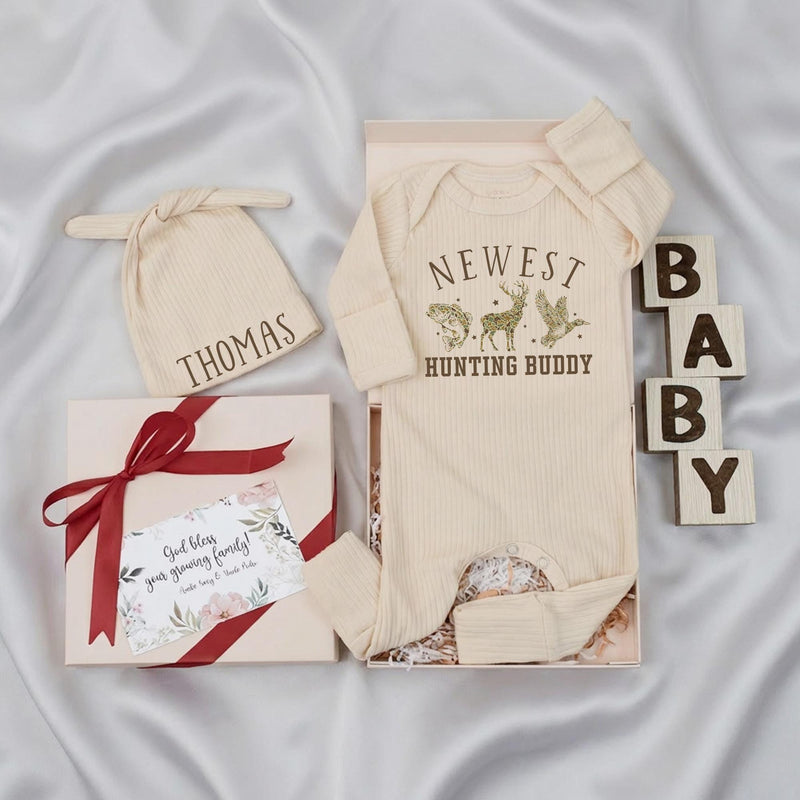 Personalized Baby Hunting Outfit - Newest Hunting Buddy Deer Camo Bodysuit with Hat - Soft Cotton Newborn Gift for Baby Shower or Photos