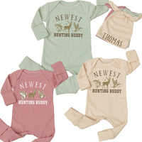Personalized Baby Hunting Outfit - Newest Hunting Buddy Deer Camo Bodysuit with Hat - Soft Cotton Newborn Gift for Baby Shower or Photos