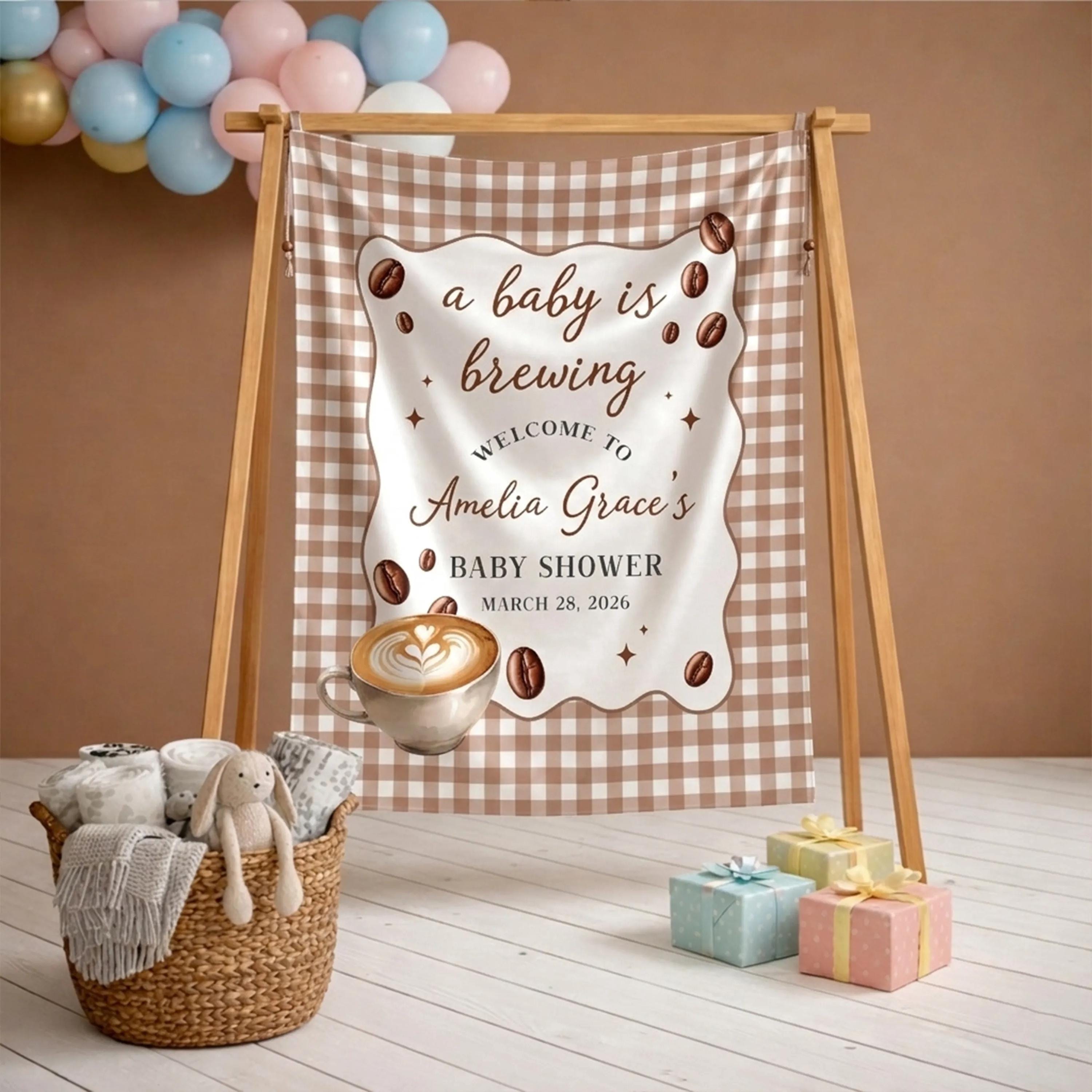 Personalized A Baby Is Brewing Shower Silk Banner Coffee Theme Decor Custom Name Neutral Brown Gingham Latte Art Party Entrance Sign