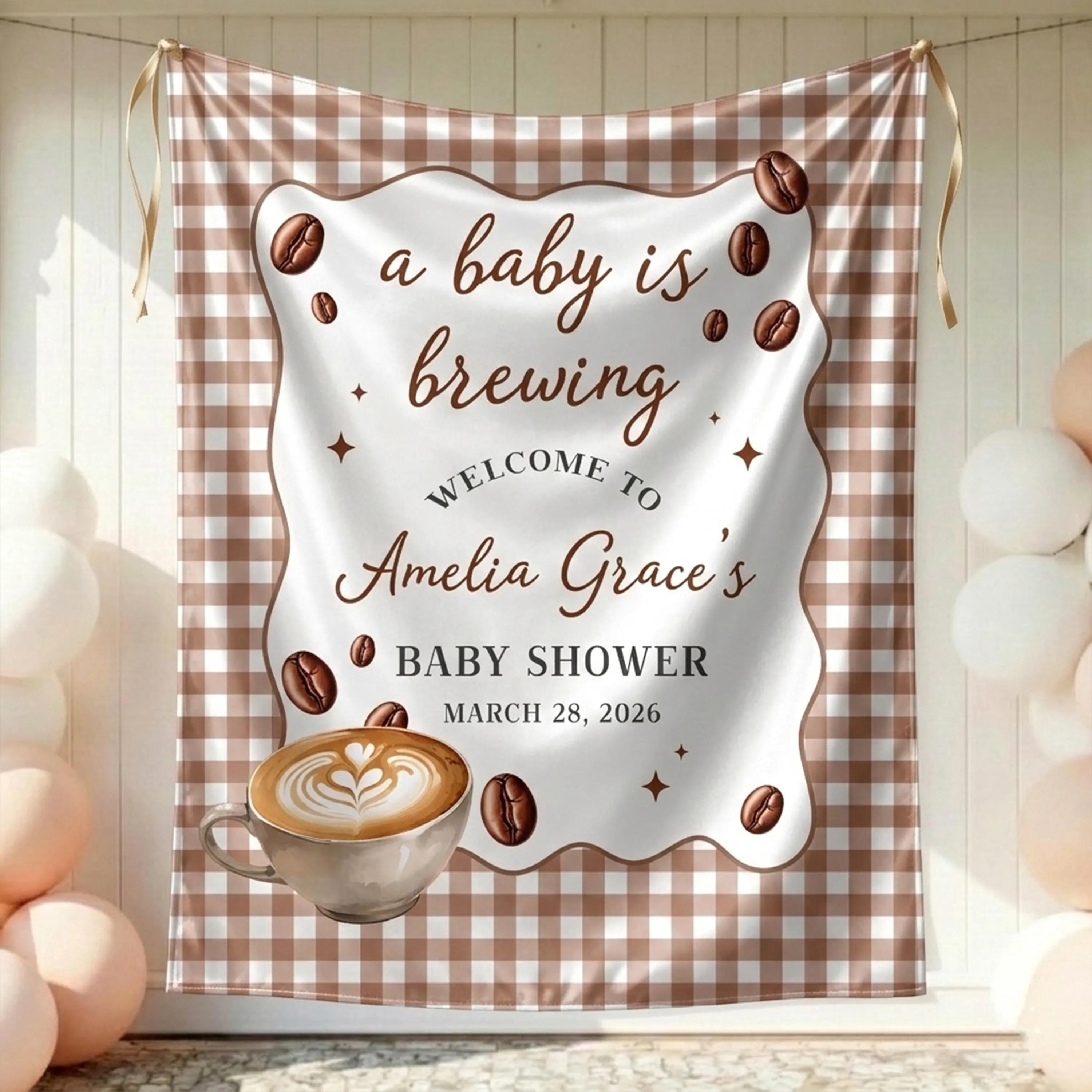 Personalized A Baby Is Brewing Shower Silk Banner Coffee Theme Decor Custom Name Neutral Brown Gingham Latte Art Party Entrance Sign