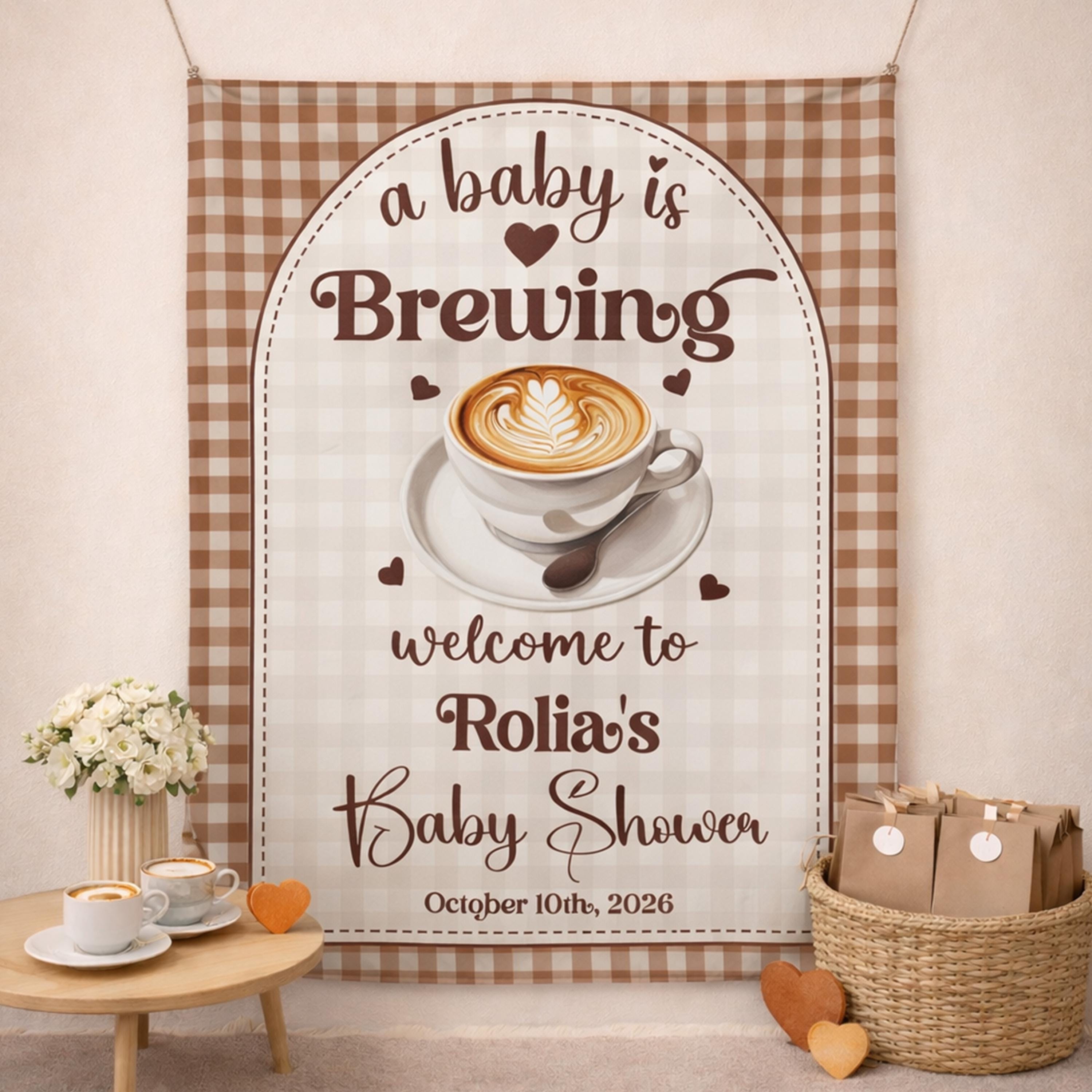 Personalized A Baby is Brewing Silk Banner with Plaid Beige Design Rustic Coffee Gender Neutral Baby Shower Backdrop Custom Party Decor