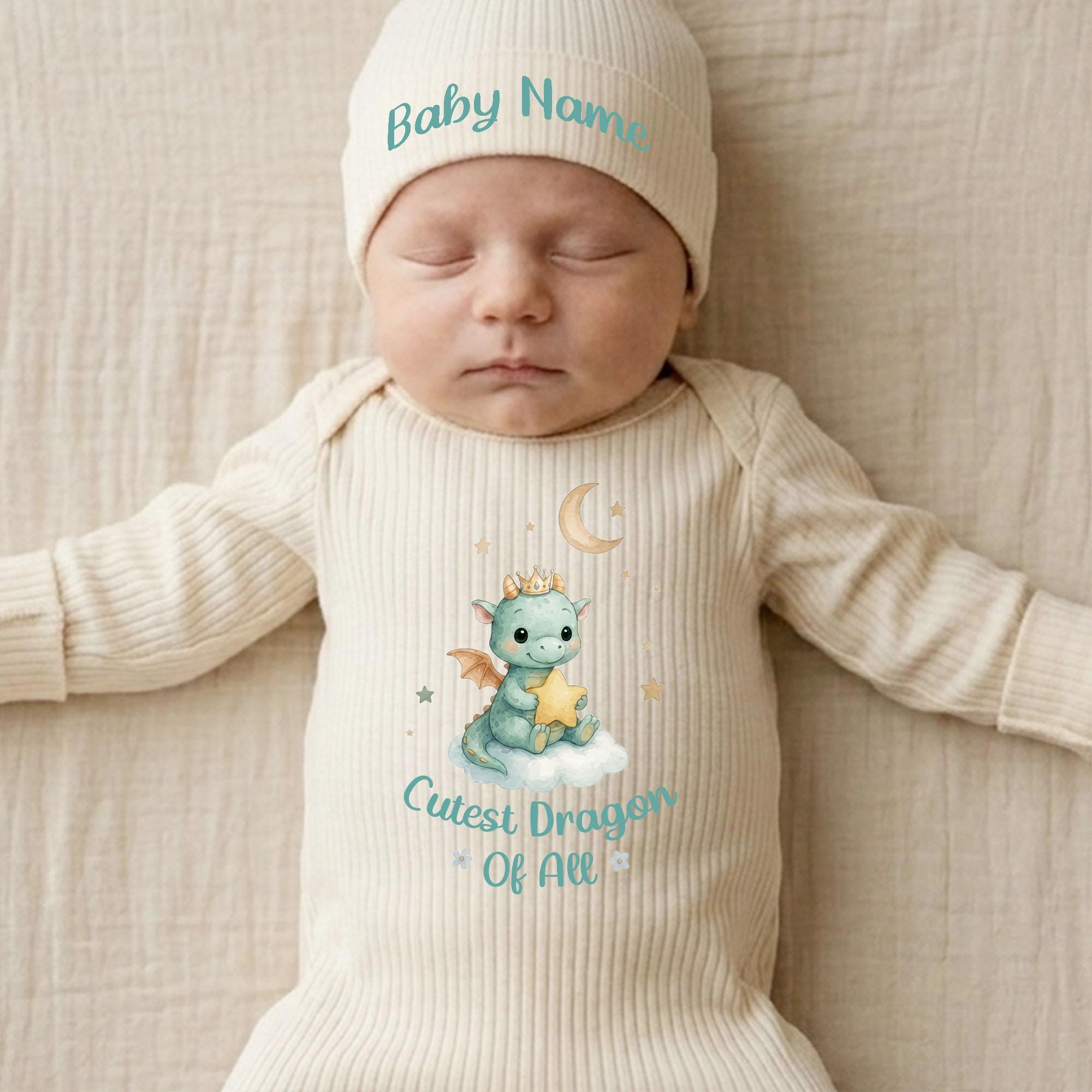 Personalized Baby Name Newborn Romper Hat Set Soft Cotton Dragon Design Cute Green Fantasy Take Home Outfit Pastel Storybook Gift