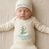 Personalized Baby Name Newborn Romper Hat Set Soft Cotton Dragon Design Cute Green Fantasy Take Home Outfit Pastel Storybook Gift