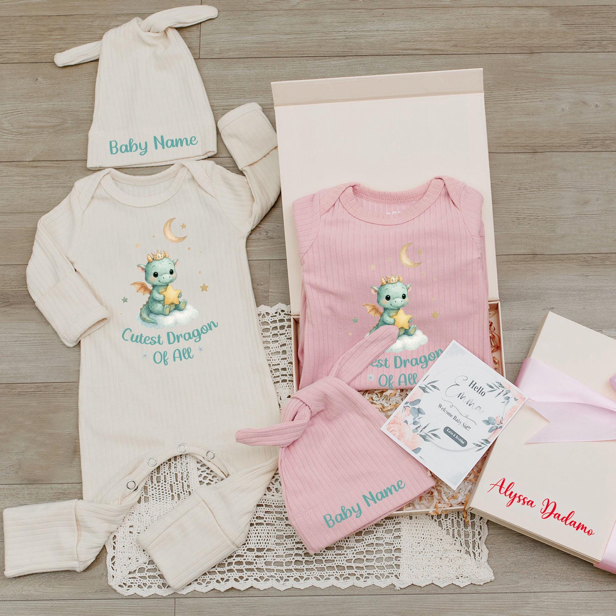 Personalized Baby Name Newborn Romper Hat Set Soft Cotton Dragon Design Cute Green Fantasy Take Home Outfit Pastel Storybook Gift