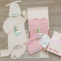 Personalized Baby Name Newborn Romper Hat Set Soft Cotton Dragon Design Cute Green Fantasy Take Home Outfit Pastel Storybook Gift