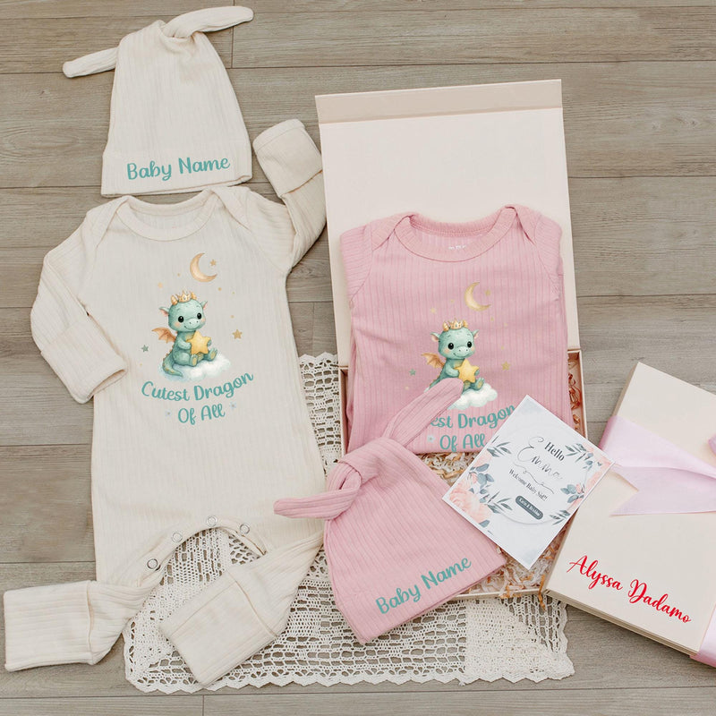 Personalized Baby Name Newborn Romper Hat Set Soft Cotton Dragon Design Cute Green Fantasy Take Home Outfit Pastel Storybook Gift