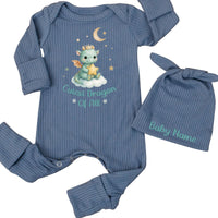 Personalized Baby Name Newborn Romper Hat Set Soft Cotton Dragon Design Cute Green Fantasy Take Home Outfit Pastel Storybook Gift